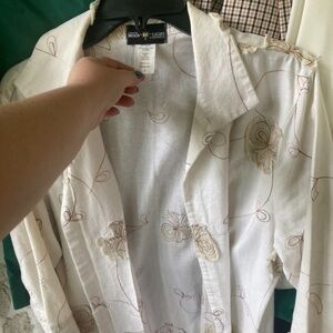 Connie’s Light Moon Ivory Tan Embroidered Oversized Open Jacket 100% Linen Sz S